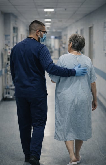 fisioterapia caminhando com uma idosa em um corredor de hospital