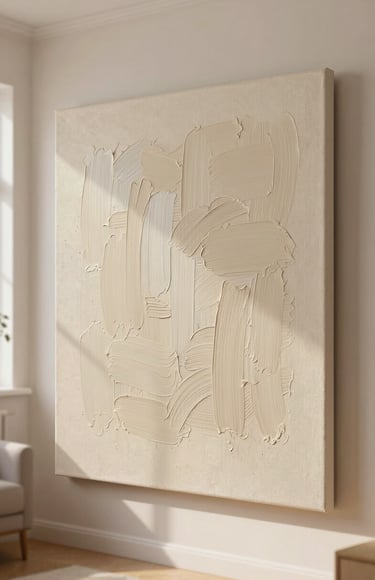 Detailed acrylic brushstrokes on a textured canvas, hanging in a bright, sunlit minimalist Spanish living room, warm editorial photography, soft natural daylight, 35mm