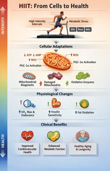 Diagram illustrating HIIT physiology, including mitochondria, oxygen delivery, and the three energy 