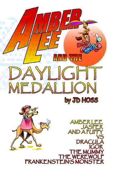 Comic Book Cover featuring Amber Lee, her puppy, and Jasper the snake riding Sallah the camel. 