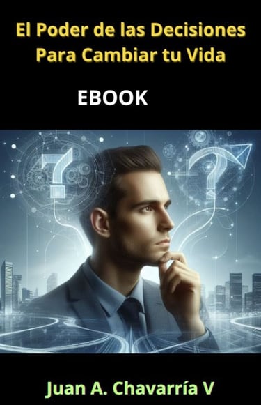 Libro sobre decisiones y transformación personal, con gráficos digitales y figura reflexivas.