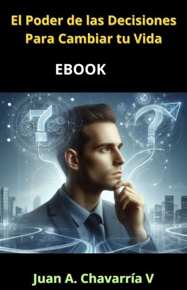 Libro sobre decisiones y transformación personal, con gráficos digitales y figura reflexivas.