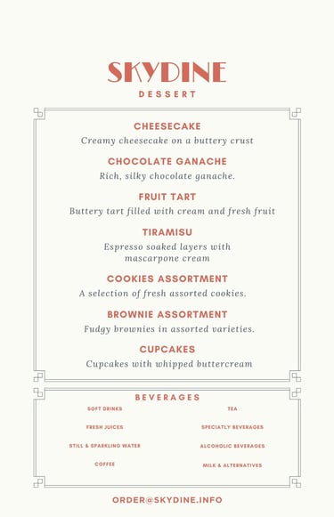 Dessert menu private jet catering