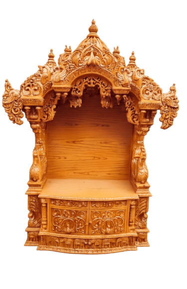 Hand-carved wooden Hindu puja mandir for home featuring intricate traditional Indian architecture and deities.