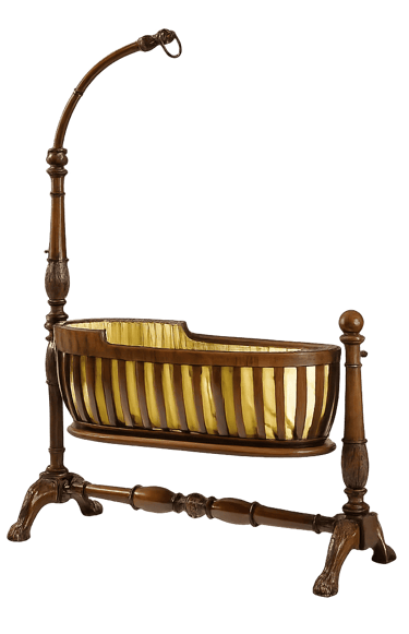 Elegant antique wooden baby cradle with gold silk lining and ornate hanging post.