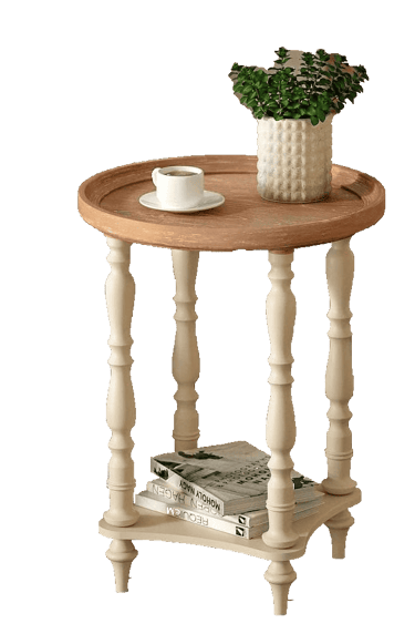Round wooden side table with spindle legs, a coffee cup, and a potted plant.