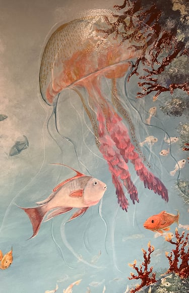 Pink Meanie jellyfish mural with reflective and sheen painterly affects.