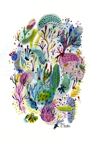 Aquarelle végétation aquatique surréaliste 