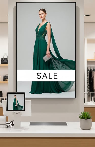 JustSignage, a woman in a green dress with a large screen displaying a sale sign