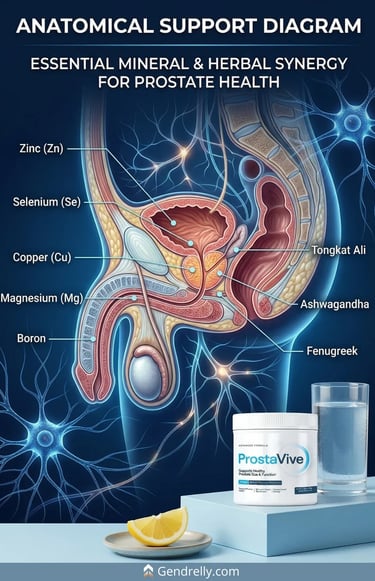 ProstaVive male pelvic health infographic showing anatomical support, essential minerals, and herbal synergy.