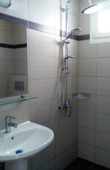 a bathroom with a shower and a sink