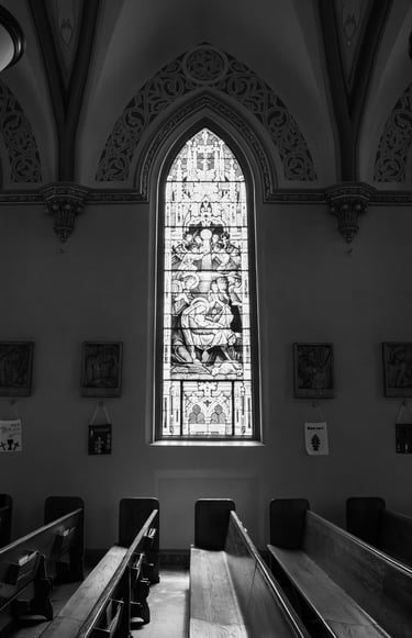 black and white shot of Catholic Church, stained glass, St. Patrick Co-Cathedral
