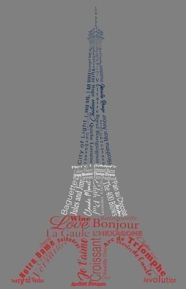 Colored text in the shape of the Eiffel Tower, featuring words and phrases related to French culture and landmarks.