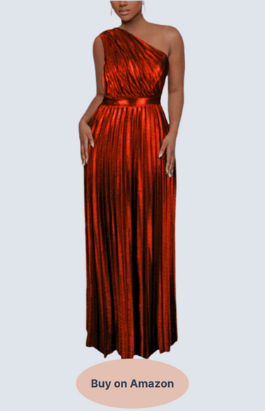 AOMEI Women's Luxury Metallic One Shoulder Sleeveless Elegant Pleated Long Dress