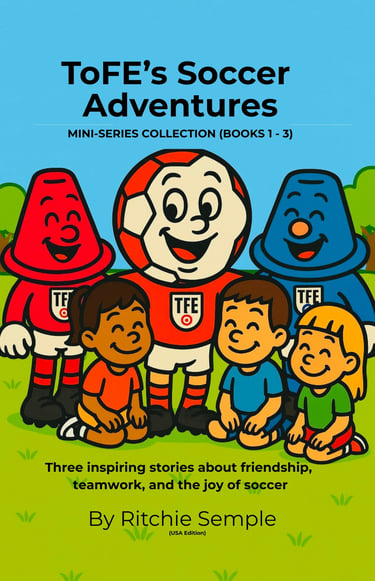 ToFE mascot sitting on the ground smiling, wearing his red kit, drawn in the ToFE art style