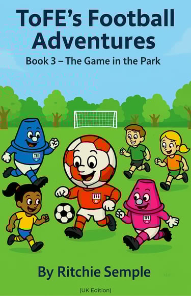 ToFE mascots playing soccer with local children in a stadium pitch scene