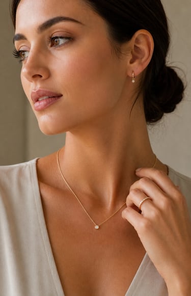 A woman wearing a gold diamond pendant necklace, matching hoop earrings, and a thin gold ring.