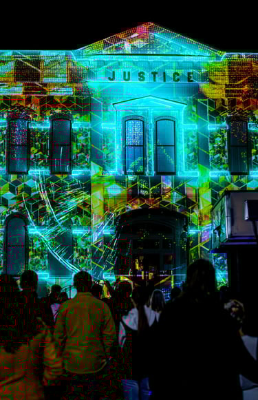 a building with a large projection screen on it