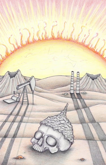 Skull with foil hat on a barren landscape with old oil rig, chimneys and bloated sun
