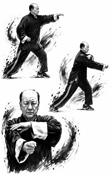 dibujos basados en el Maestro Chan Kwok Wai practicando Tai chi