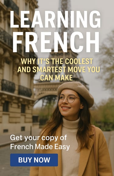 "Smiling woman in Paris with Eiffel Tower in background promoting 'French Made Easy' – Learning Fren