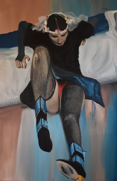 Oil painting of a person in a floral crown and blue boots sitting on a white mattress.