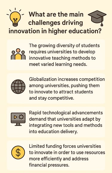 Main challengesL student diversity,  globalisation, technology advancement, limited funds