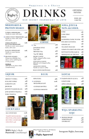 Rigby's drinks menu