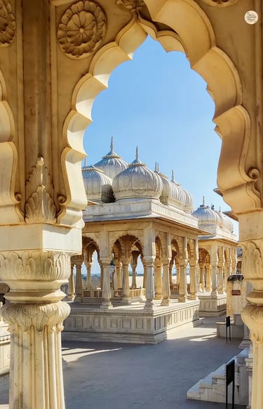 Row of marble cenotaphs at Devi Kund Sagar, Bikaner, memorializing kings and queens.