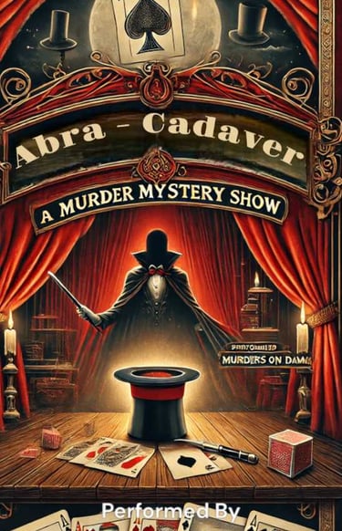 Poster for Abra-Cadaver murder mystery show featuring a magician silhouette and ace of spades.