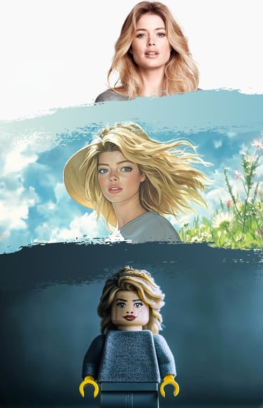 Die Frau lässt sich von der KI Fotobox fotografieren und wird zum Gemälde und Klemmbaustein Figur