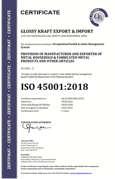 ISO 45001:2018 certificate for Glossy Kraft