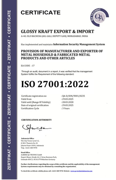 ISO 27001:2022 certificate for Glossy Kraft