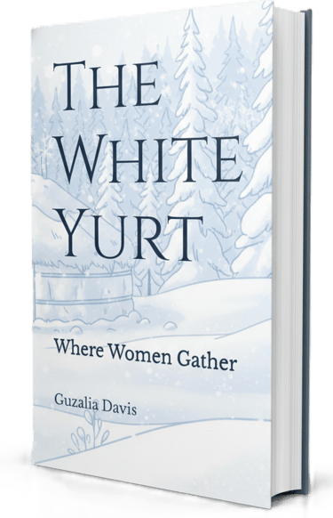 The White Yurt book cover by Guzalia Davis featuring a snowy winter forest landscape illustration.