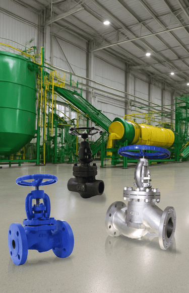 a group of three valves and valves in a warehouse
