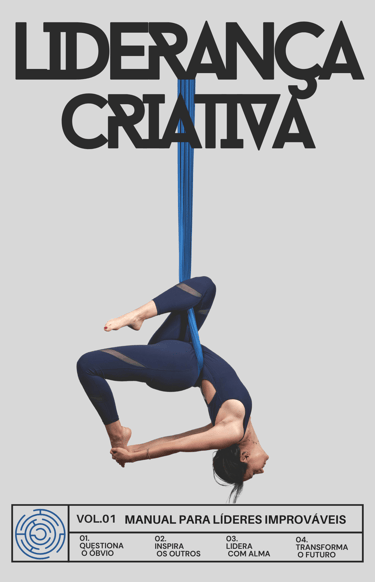 Capa do Manual de Liderança Criativa com mulher suspensa em tecido azul, representando equilíbrio, f