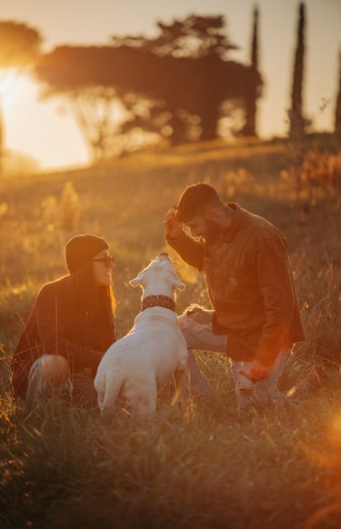 ragazzi con cane al tramonto
