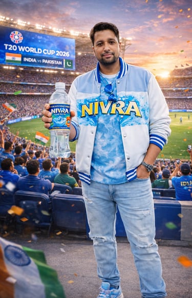 A man holding a NIVRA water bottle at the T20 World Cup 2026 cricket match between India and Pakistan.