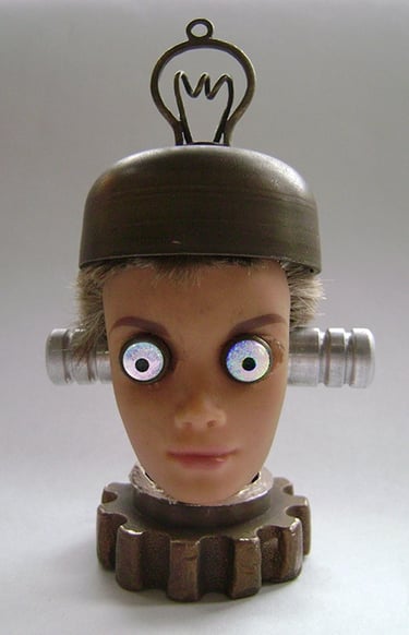 Assemblage robot head named Astroboy built by artist Tal Avitzur.