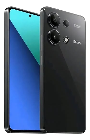 Black Xiaomi Redmi smartphone showing the front display and back panel with a 108MP triple camera setup.