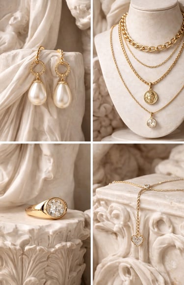 Colección de joyería de oro; aretes de perla, collares y un anillo de diamantes