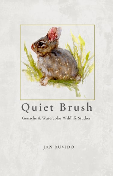 Watercolor and gouache rabbit painting on a wildlife art book cover titled Quiet Brush by Jan Ruvido.