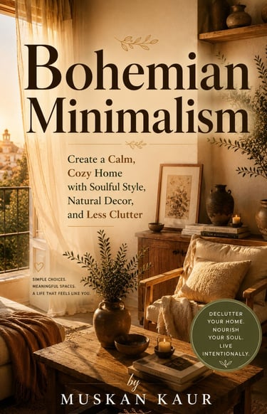 A book cover for Bohemian Minimalism by Muskan Kaur featuring a cozy sunlit room with natural decor.