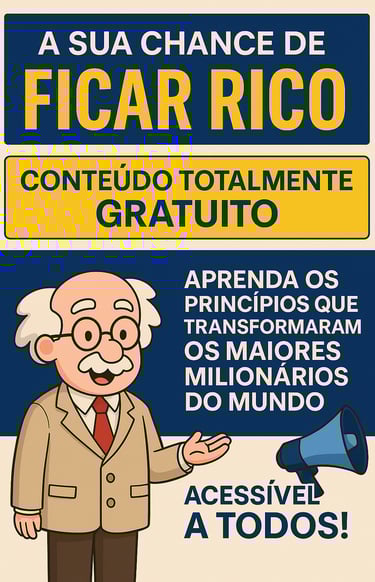 Panfleto digital com fundo azul e bege destacando a frase “A SUA CHANCE DE FICAR RICO” em letras gra