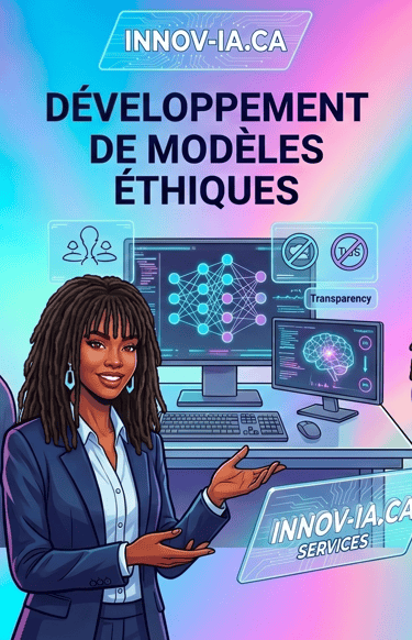 Femme leader afro-descendante présentant une interface d'IA éthique et inclusive dans un bureau mode