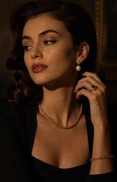 Elegant woman wearing vintage-style gold jewelry, pearl earrings, and a black dress in a dim setting.