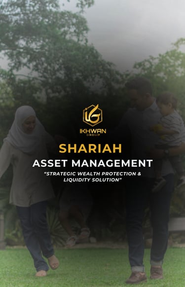 A family playing outdoors with Ikhwan Group Shariah Asset Management wealth protection text overlay.