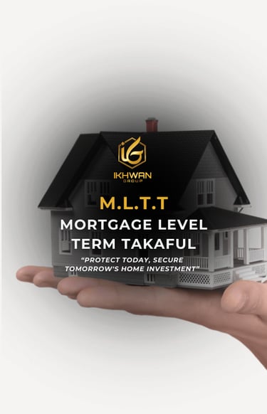 Hand holding a miniature house model promoting MLTT Mortgage Level Term Takaful insurance.