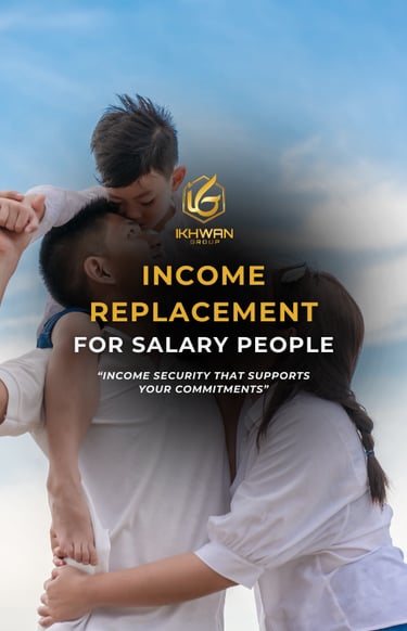 A family embracing outdoors with income replacement insurance text for salaried employees.