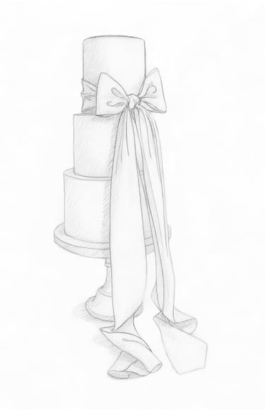 a drawing of cake with a bow 